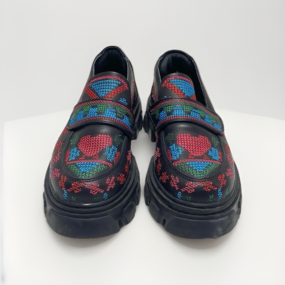 FARM Rio Black Leather Embroidered Multicolor Platform Loafers - Picture 3 of 7